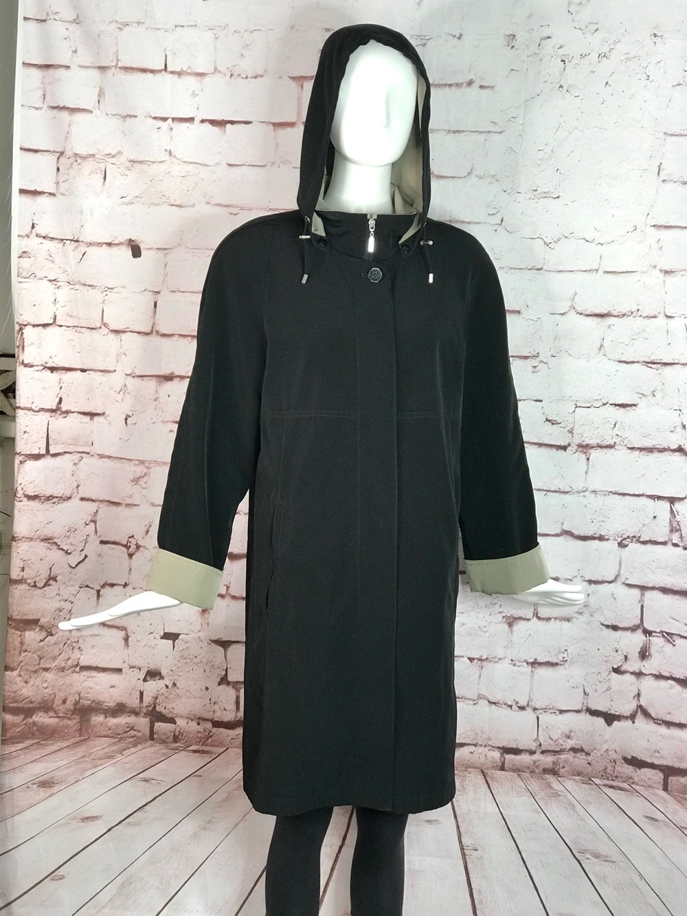 GALLERY Black & Taupe Trench Coat Raincoat detach Hood Size Medium 37” Length - Picture 14 of 16